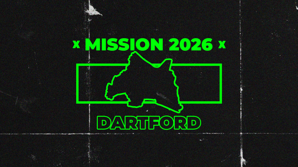 a black image with a neon green logo of a map of Dartford stating "Mission 2026, Dartford"