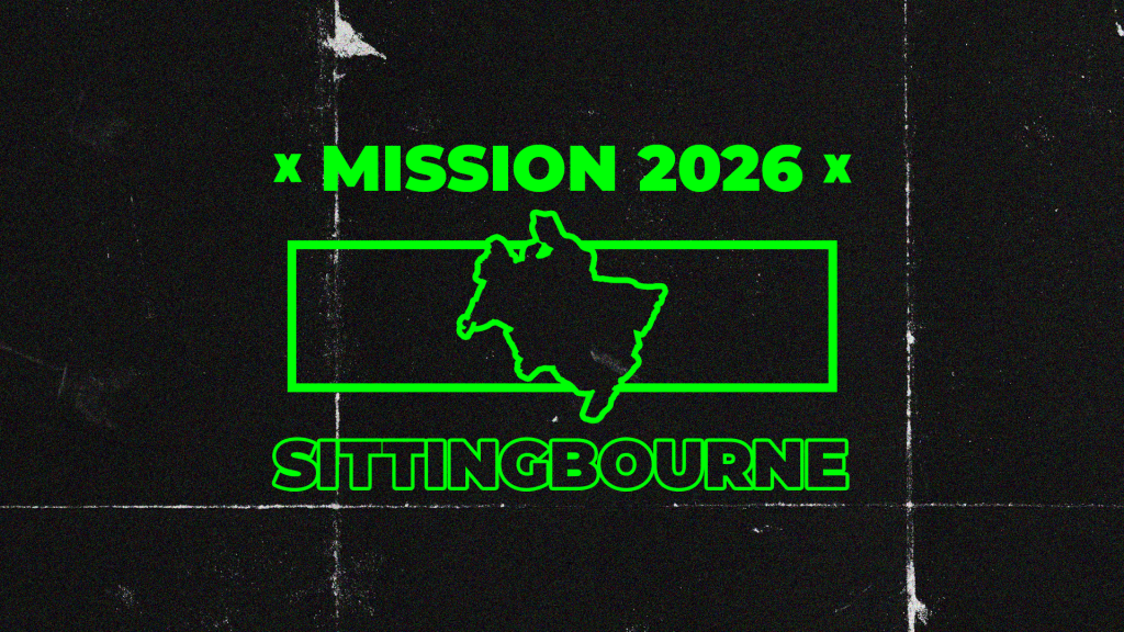 a black image with a neon green logo of a map of Sittingbourne stating "Mission 2026, Sittingbourne"